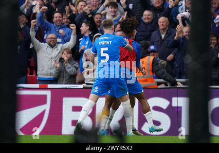 LONDON, ENGLAND - APRIL 7: Harrison Burrows of Peterborough United celebrating his goal to make it 2-1 during the Bristol Street Motors Trophy Final between Peterborough United and Wycombe Wanderers at Wembley Stadium on April 7, 2024 in London, England. (Photo by Dylan Hepworth/MB Media) Stock Photo