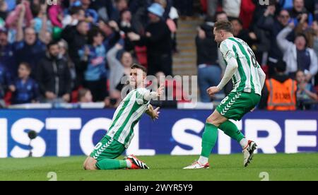 LONDON, ENGLAND - APRIL 7: Dale Taylor of Wycombe Wanderers celebrating his goal to make it 1-1 during the Bristol Street Motors Trophy Final between Peterborough United and Wycombe Wanderers at Wembley Stadium on April 7, 2024 in London, England. (Photo by Dylan Hepworth/MB Media) Stock Photo
