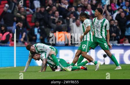 LONDON, ENGLAND - APRIL 7: Dale Taylor of Wycombe Wanderers celebrating his goal to make it 1-1 during the Bristol Street Motors Trophy Final between Peterborough United and Wycombe Wanderers at Wembley Stadium on April 7, 2024 in London, England. (Photo by Dylan Hepworth/MB Media) Stock Photo