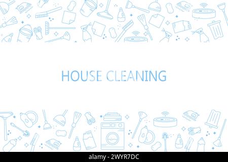 Vector background on the theme of cleaning or cleaning service. Vector blue icons on a white horizontal background. Household appliances for cleaning. Stock Vector
