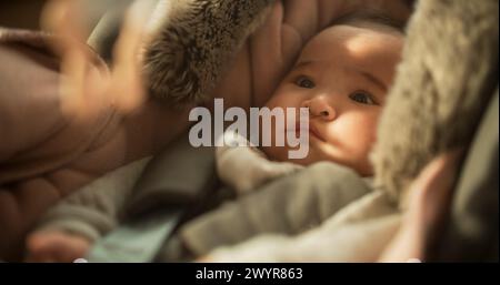 Portrait of a Cute Asian Baby Sitting Calmly in a Car Seat with Safety Belt Attached. Little Adorable Toddler Ready to be Taken Out on Family Trip, Looking Around with Wonder and Innocence Stock Photo