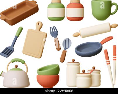 Kitchen 3d tools and crockery. Realistic render cutlery, bowls and jars. Canteen, cafe or restaurant equipment. Pan and teapot, pithy vector set Stock Vector