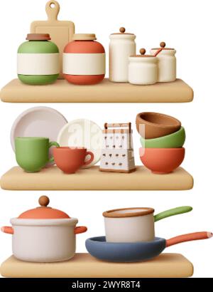 Kitchen shelves. Kitchenware 3d elements stand on shelf. Bowls and cup, pan and pots. Cooking and food preparation utensils, pithy vector concept Stock Vector