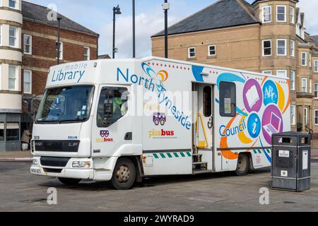 North Tyneside Libraries' mobile library or book bus, parked in the village of Tynemouth, North Tyneside, UK. Concept of public services. Stock Photo