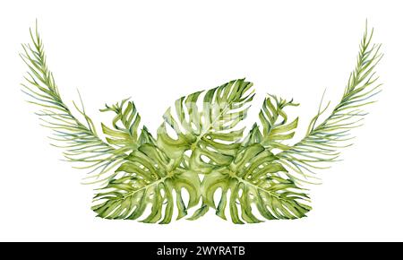 Banana and palm tree tropical branches banner composition with monstera leaves. Watercolor illustration isolated on white background. Exotic leaf Stock Photo