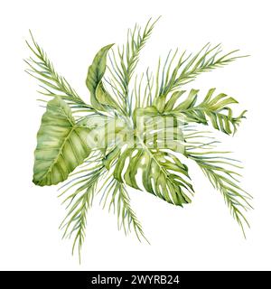 Banana and lemon tree tropical leaves composition with monstera and palm branches. Watercolor illustration isolated on white background. Exotic leaf Stock Photo