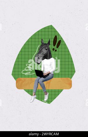 Composite trend artwork sketch image photo collage of young confused uncertain businesswoman headless horse head instead work on laptop Stock Photo