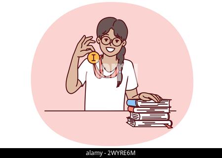Little asian girl shows medal proudly boasts award received for excellent knowledge. Positive child with medal who won Olympics due to high IQ and hard work in school or quality education Stock Vector