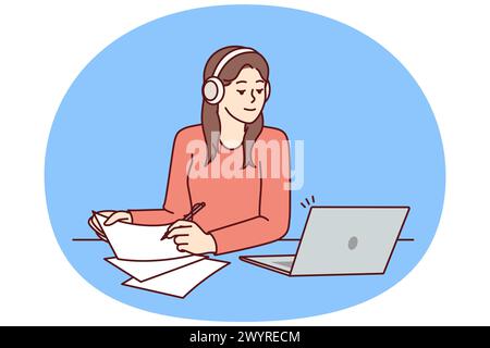 Woman with laptop sits at table and watches training webinar for gaining new skills and makes notes on paper. Attentive girl in headphones using laptop to get online education at university or college Stock Vector
