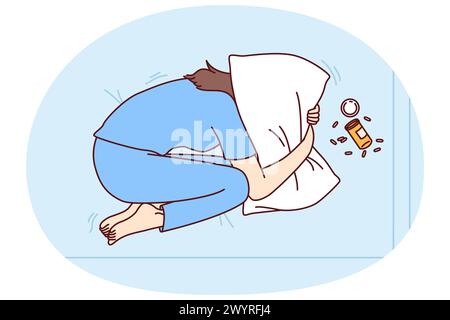 Depressed woman suffering from overdose of antidepressants covers head with pillow in need of qualified doctor help. Concept of overdose from drugs or prescription pills from psychotherapist Stock Vector