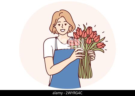 Woman flower seller stands with luxurious bouquet and smiling looks at camera enjoying work of florist in flower shop. Positive girl in apron holds fragrant bouquet with scarlet buds Stock Vector