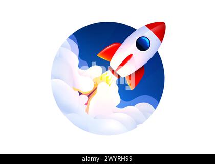 Rocket launch in the sky flying over clouds. Space ship in smoke clouds. Business concept. Start up template. Horizontal background. Vector illustration. Stock Vector