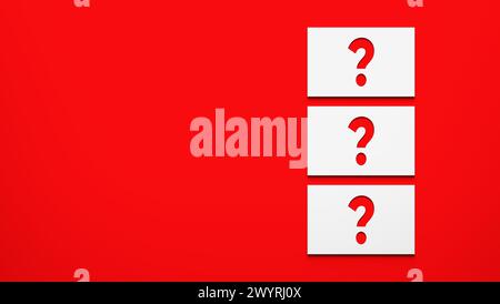 Three business cards with question mark symbol on red background. FAQ, information, problem and solution concepts. Top view. 3D render. Stock Photo