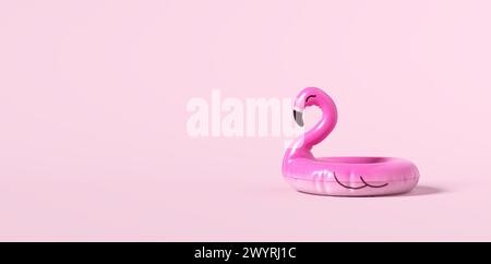 Pink flamingo inflatable ring on pink background. 3D rendering. Stock Photo