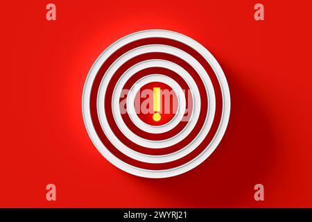 Risk, warning, danger, problem and important notice concepts. Illuminated exclamation mark at the center of a target on red background. 3D render. Stock Photo