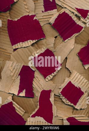 Texture from pieces of torn colored cardboard. Red brown carton background. Recycling concept. Rough pieces of ripped corrugated ribbed red cardboard Stock Photo