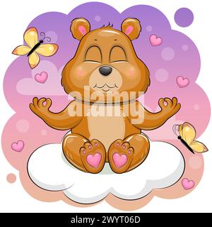 A cute cartoon brown bear is meditating on a cloud. Vector illustration of an animal with butterflies in the sky. Stock Vector