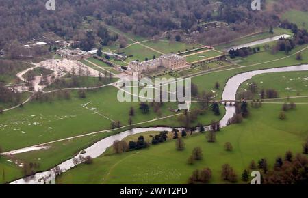 aerial view of Chatsworth House in Derbyshire Stock Photo