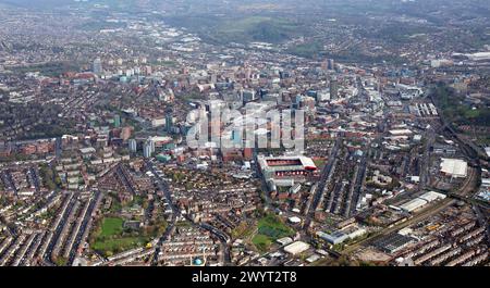 aerial view of the Sheffield city centre skyline taken from the south featuring Sheffield United's Bramall Lane football ground in the foreground Stock Photo