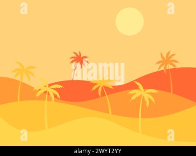 Desert landscape with palm trees and sand dunes. Silhouettes of palm trees at sunrise in the desert. Wavy landscape with sand dunes. Design for print, Stock Vector