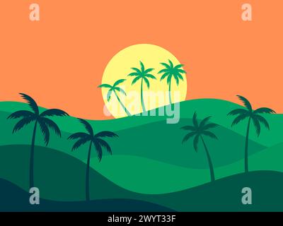 Landscape with palm trees at sunset. Wavy tropical landscape with green hills, sun and silhouettes of palm trees against the sun. Design for posters, Stock Vector