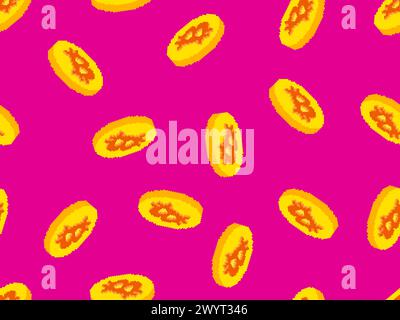 Seamless pattern with gold coins and Bitcoin symbol in pixel art style. 3D coins in the style of 8-bit graphics of classic retro games. Design wallpap Stock Vector