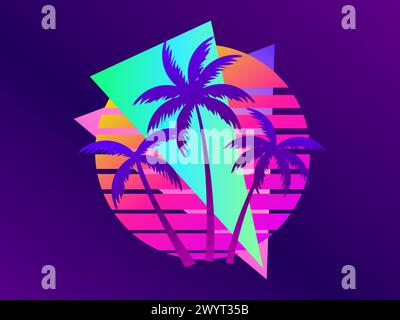 Retro futuristic sunset with palm trees and triangle in 80s style. Sci-fi palm trees at sunset in synthwave and retrowave style. Design for print, ban Stock Vector