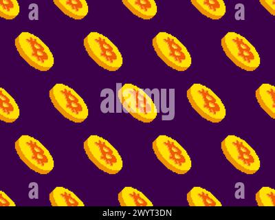 Seamless pattern with gold coins and Bitcoin symbol in pixel art style. 3D coins in the style of 8-bit graphics of classic retro games. Design wallpap Stock Vector