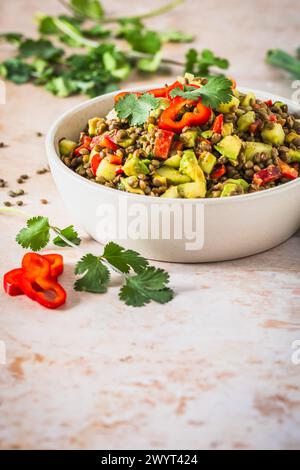 Lentil salad with avocado and red pepper on light background, vertical with copy space Stock Photo