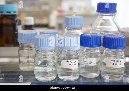 Bottles with chemical solutions. Laboratory, Fundación Inbiomed, Genetrix Group. Center for research in stem cells and regenerative medicine. Donostia, San Sebastian, Euskadi. Spain. Stock Photo