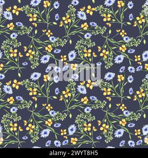 Yellow, blue meadow flowers in watercolor seamless pattern isolated on dark. Celandine and cornflower in sketch. Medicinal plant, useful floral print Stock Photo