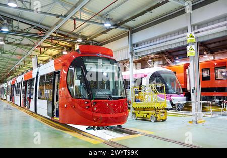 Assembly workshop trams. Manufacture of trains. Stock Photo