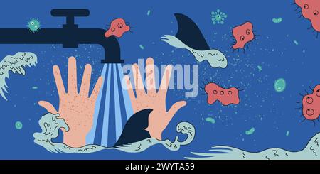 Mental and behavioral obsessive compulsive disorder abstract horizontal banner. Visualization psychedelic human thinking, thoughts repeatedly excessive hand washing. OCD mind psychiatry illness. Eps Stock Vector