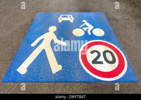Confusing road markings - Saint-Savin, Vienne (86), France. Stock Photo