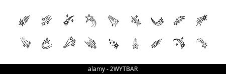 Set of doodle comets. Hand drawn falling stars. Sketchy night sky drawing. Simple cosmic line icons. Space meteor shooting. Asteroid tail. Crayon, ink Stock Vector