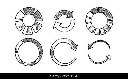 Set of loading circles in doodle style. Sketch download icon. Progress user interface infographic. Recycle symbol. Pie diagram statistic chart. Stock Vector