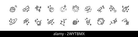 Doodle outer space cosmic icons set. Planets, constellation, spacecraft, rocket hand drawn linear illustration. Falling stars and comets. Alien ship. Stock Vector