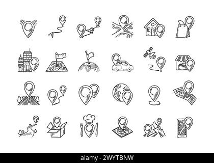 GPS map pin doodle icons set. Hand drawn travel destinations signs and pictograms. Sketch location points. Stock Vector