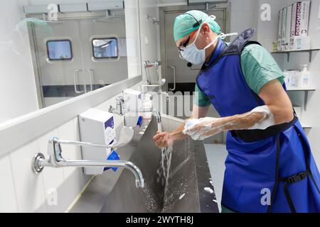 Surgical Scrub, Handwashing, Operating Room, Surgery, Hospital Donostia, San Sebastian, Gipuzkoa, Basque Country, Spain. Stock Photo