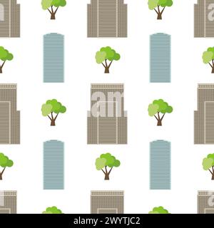 Seamless city background with modern houses and green trees. Vector illustration Stock Vector