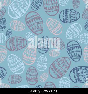 Seamless pattern with hand drawn Easter eggs on a blue background. Vector illustration Stock Vector