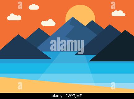 Vector panorama of the sunset in the mountains by the sea Stock Vector