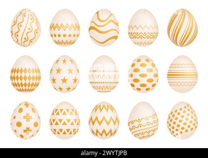 Set of Fifteen Easter eggs with gold texture on a white background. Vector illustration Stock Vector