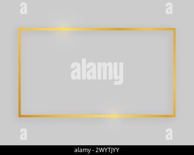 Shiny frame with glowing effects. Gold rectangular frame with shadow on grey background. Vector illustration Stock Vector