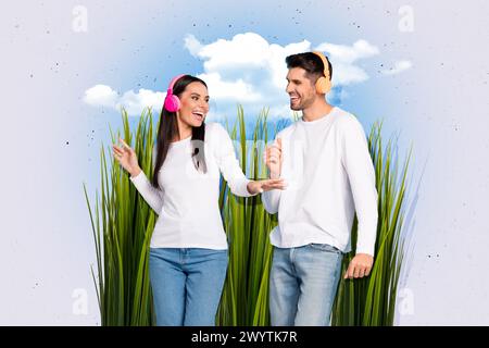 Composite collage image of young couple enjoy nature listen music headphones dating disco weird freak bizarre unusual Stock Photo