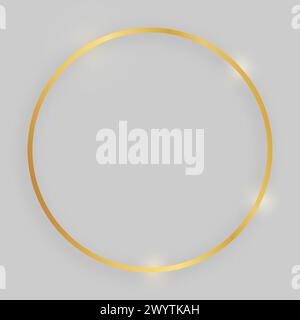 Shiny frame with glowing effects. Gold round frame with shadow on grey background. Vector illustration Stock Vector