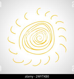 Hand drawn sun. Simple sketch sun. Solar symbol. Yellow  doodle isolated on white background. Vector illustration. Stock Vector