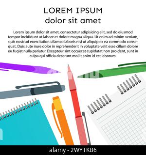 Background with notebook, pens, pencils and place for your text. Vector illustration. Stock Vector