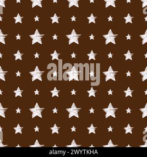 Seamless Pattern with hand drawn white Stars on brown background. Abstract grunge texture. Vector illustration Stock Vector