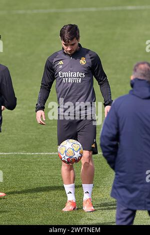 Madrid, Spain. 08th Apr, 2024. Brahim Diaz of Real Madrid CF in action during the training session on the eve of the UEFA Champions League 2023/2024 quarter-finals first leg football match between Real Madrid CF and Manchester City at Real Madrid training ground Credit: SOPA Images Limited/Alamy Live News Stock Photo